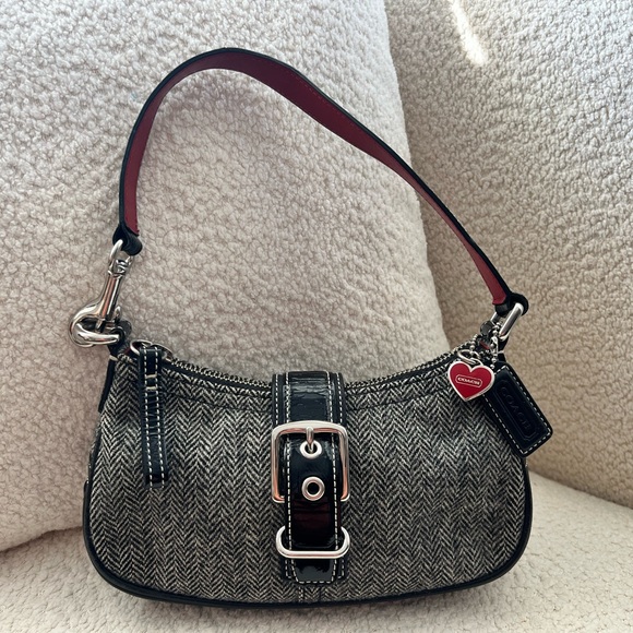 Coach Handbags - Vintage Coach Wool Herringbone Shoulder Bag Patent Leather Trim Heart Charm